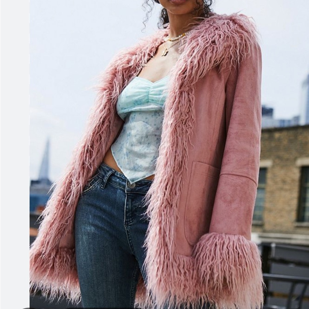 Wanted-Urban Outfitters Pink Teddy Jacket with Faux Fur Trim